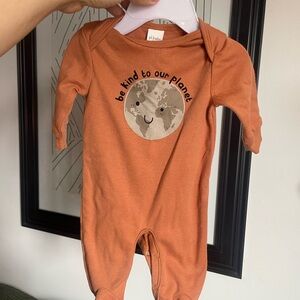 3/$12 Kids One-Piece Romper in Rust with 'Be Kind to Our Planet'